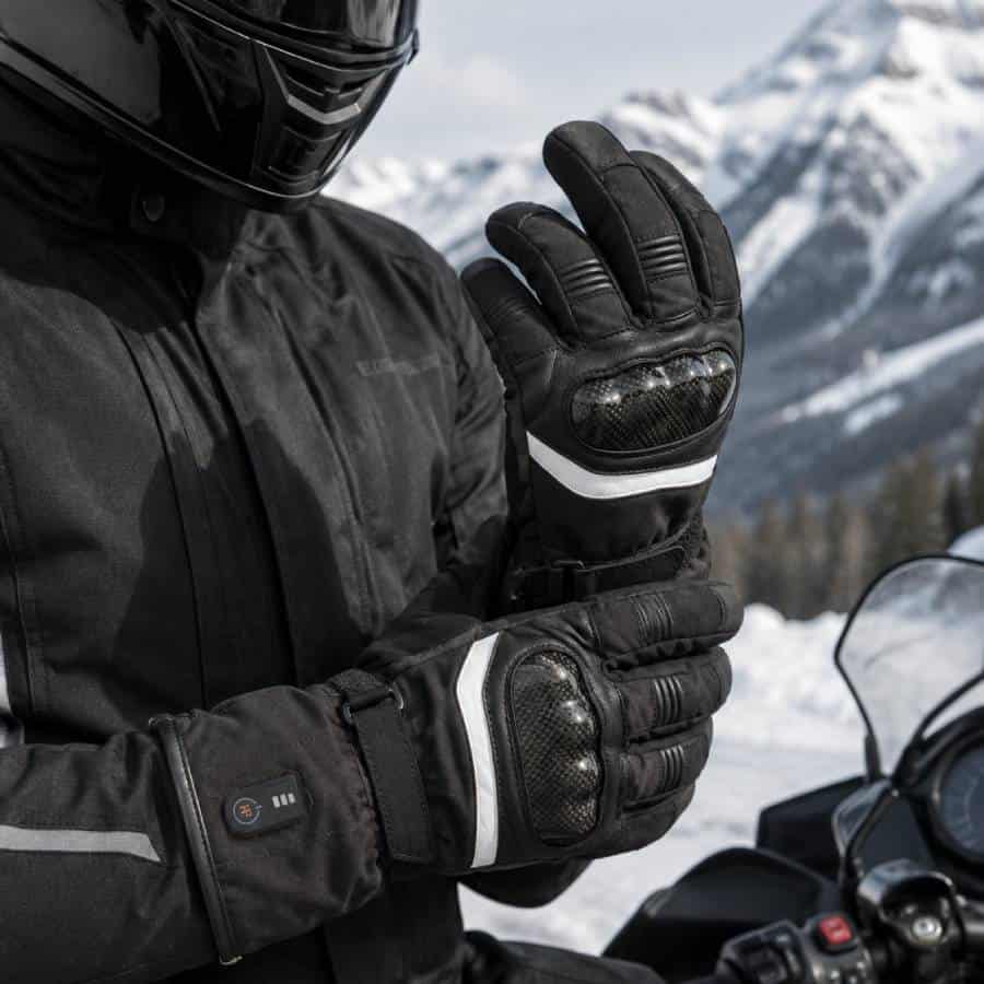 Man draagt verwarmde motorhandschoenen Uomo in moto con guanti riscaldati